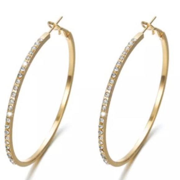 Rhinestone Inlaid Hoop Earrings-Gold Tone - Picture 1 of 3